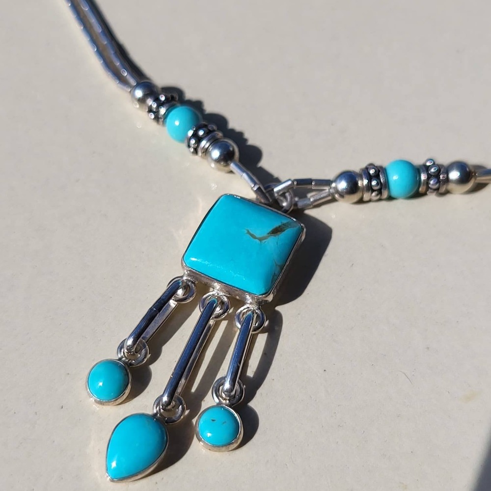 Vintage Q.T. 925 Sterling Silver Turquoise Liquid Silver Pendant Necklace - Picture 13 of 13